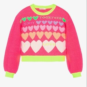 Billieblush Neon Pink Heart Sweater Girls Size 6 (114 cm) Fuzzy Knit Graphic